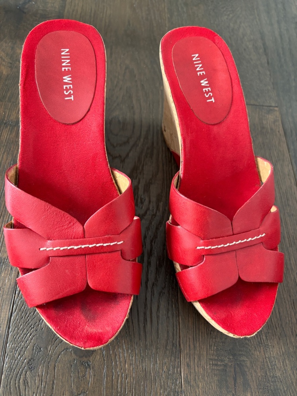 Nine West Red Leather Knotted Wedge Slide Sandals